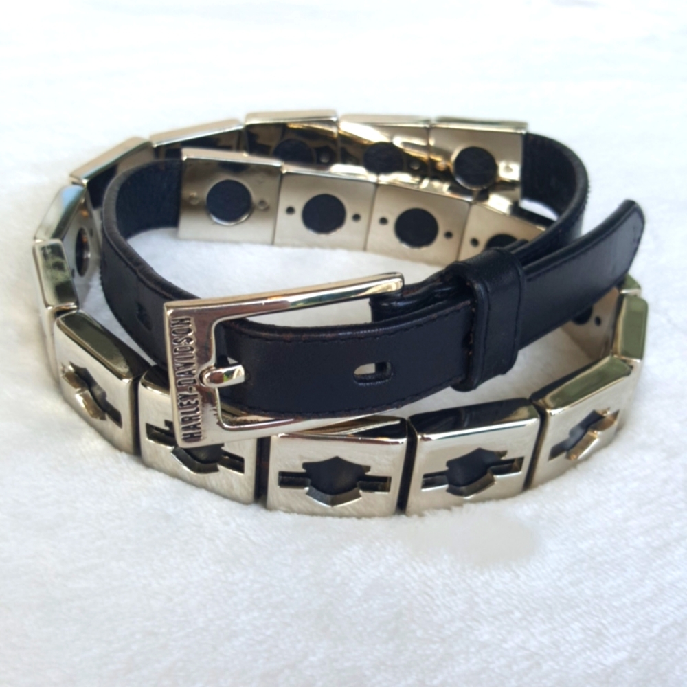 HARLEY-DAVIDSON ♡ Gorgeous Vintage B&S Chrome Square Cubes Black Leather Belt S